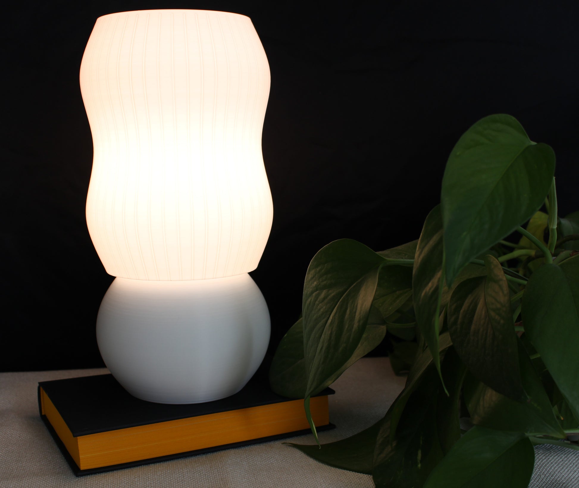 Lamp lit up, sitting on a book next to a monstera plant